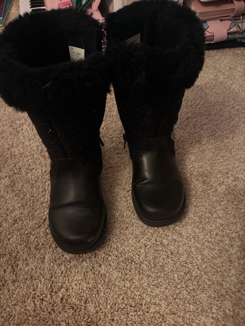 Libbey Black Kids Faux-Fur Cuff Winter Boots